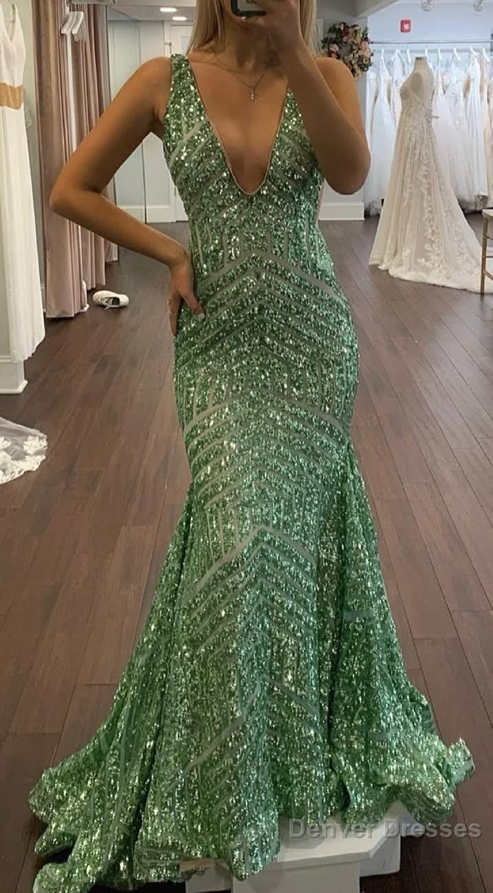 Orange Sparkly Deep V Neck Sequin Mermaid Prom Dress