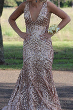 Orange Sparkly Deep V Neck Sequin Mermaid Prom Dress