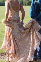 Orange Sparkly Deep V Neck Sequin Mermaid Prom Dress