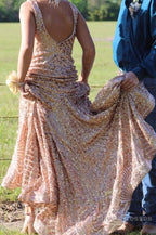 Orange Sparkly Deep V Neck Sequin Mermaid Prom Dress