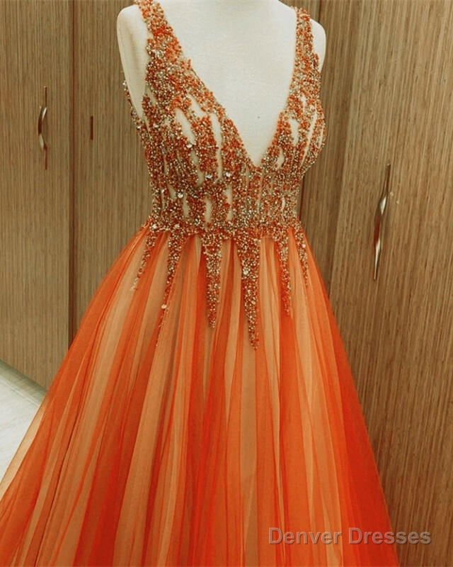 Orange Tulle Ball Gown Beaded V-Neck Secondary image