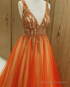 Orange Tulle Ball Gown Beaded V-Neck