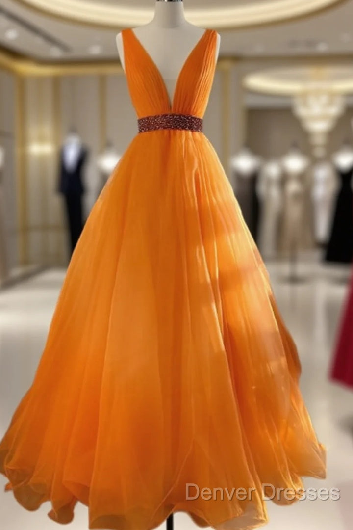 Orange Tulle Plunge Neck Ball Gown Main image