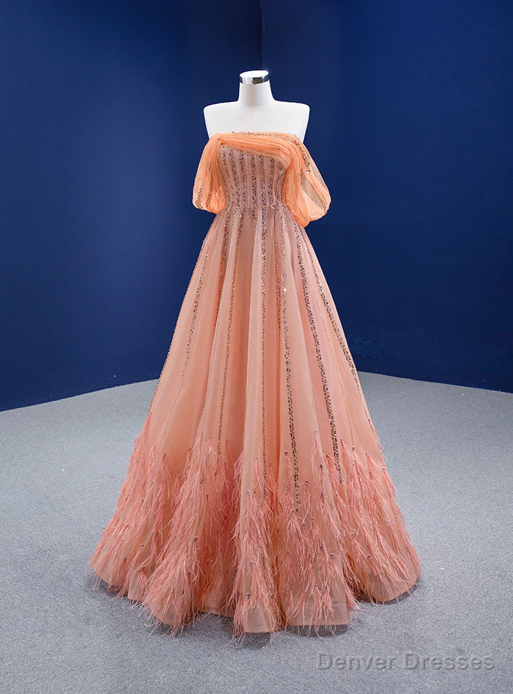 Orange Tulle Sequins Beading Feather Hand Work Prom Dress Main image