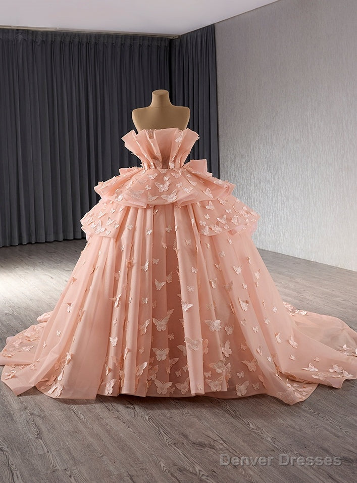 Orange Tulle Strapless Butterfly Tiers Prom Dress Main image