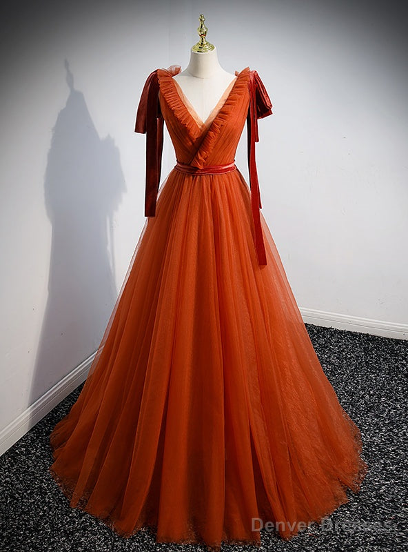 Orange Tulle V-neck Pleats Sleeveless Prom Dress Main image