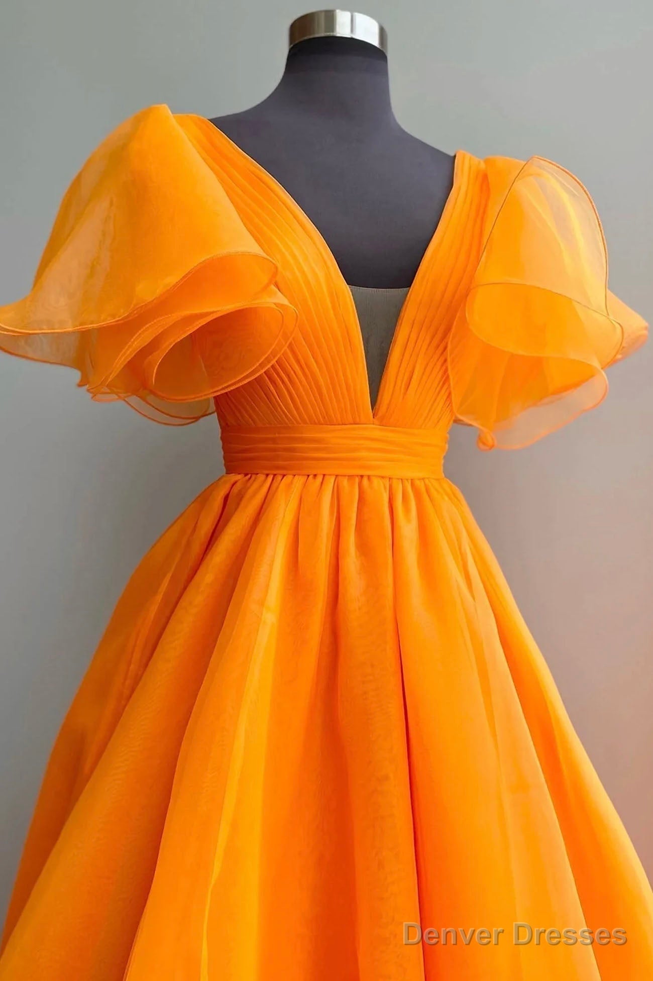 Orange V-Neck Long Prom Dress, A-Line Short Sleeve Evening Dress Secondary image