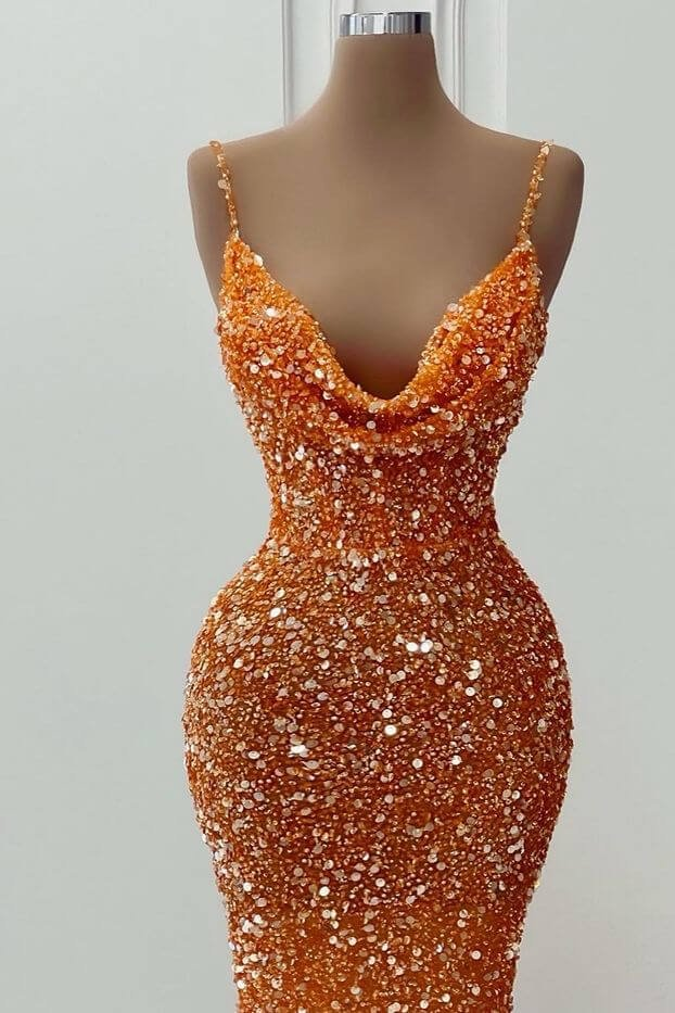 Orange Gorgeous Shiny V-Neck Mermaid Slim Spaghetti Straps Long Sequined Ball Gown Evening Dress Party Dress Secondary image