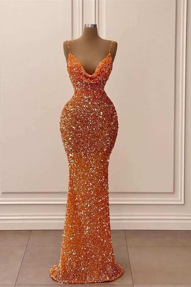 Orange Gorgeous Shiny V-Neck Mermaid Slim Spaghetti Straps Long Sequined Ball Gown Evening Dress Party Dress Main image