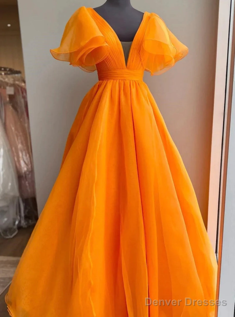 Orange V-neck Pleats Organza Prom Dress Main image