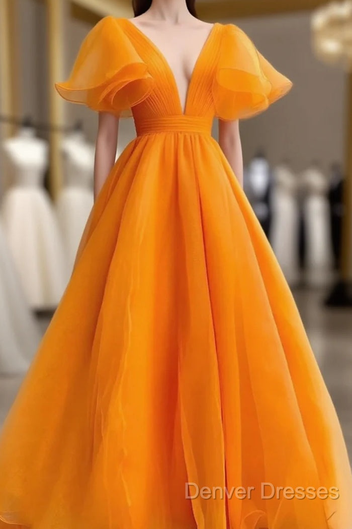 Orange V-Neckline Puffy Sleeves Long Party Dress, A-Line Organza Prom Dress Main image