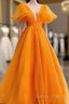 Orange V-Neckline Puffy Sleeves Long Party Dress, A-Line Organza Prom Dress