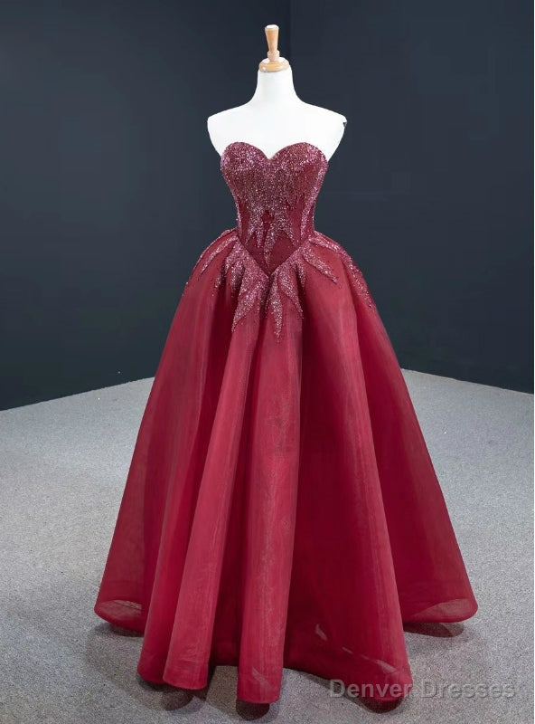 Order Your Ideal Sexy Burgundy Tulle Sweetheart Beading Long Prom Dress Main image