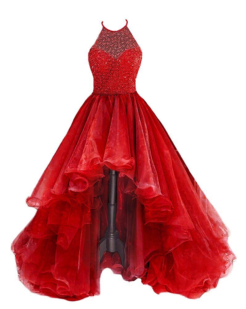 Organza With Beaded Bodice Halter High Low Prom Dress,Pageant Dress