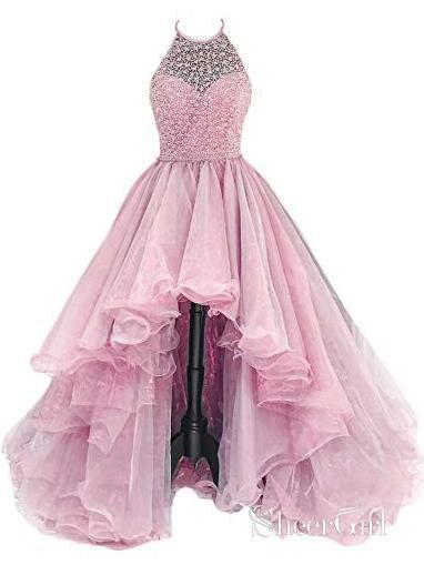 Organza With Beaded Bodice Halter High Low Prom Dress,Pageant Dress