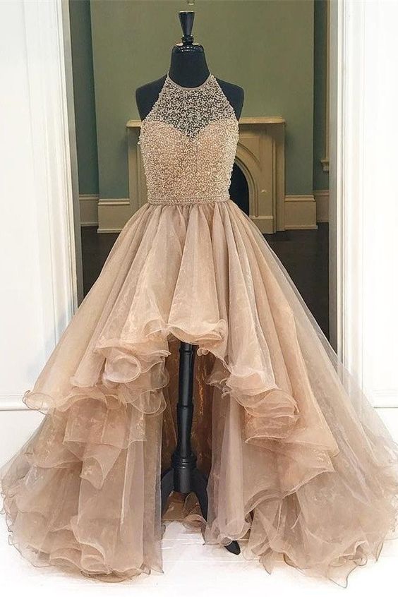 Organza With Beaded Bodice Halter High Low Prom Dress,Pageant Dress