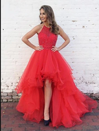 Organza With Beaded Bodice Halter High Low Prom Dress,Pageant Dress