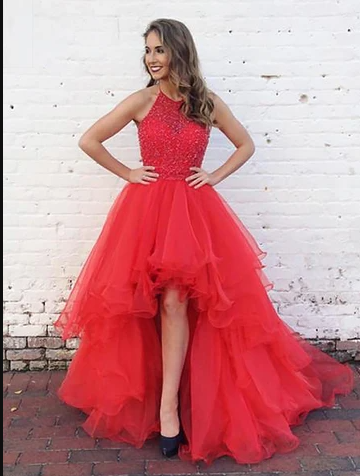 Organza With Beaded Bodice Halter High Low Prom Dress,Pageant Dress