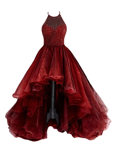 Organza With Beaded Bodice Halter High Low Prom Dress,Pageant Dress