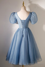 A-line V-neck Sequins Short Prom Dress, Blue Short Sleeve Evening Dress