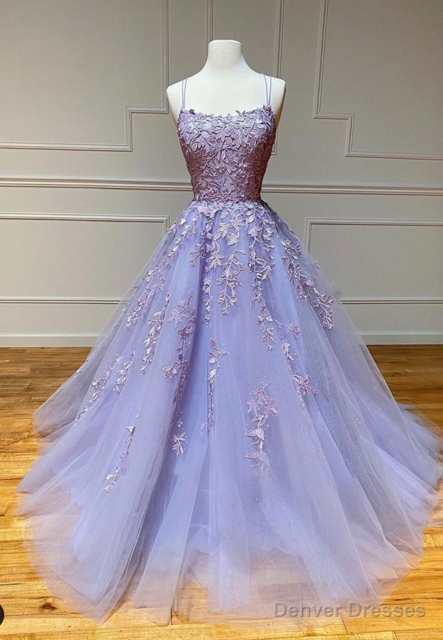 Purple Lace Long Prom Dresses, A-Line Backless Evening Dresses Main image