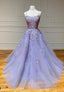 Purple Lace Long Prom Dresses, A-Line Backless Evening Dresses