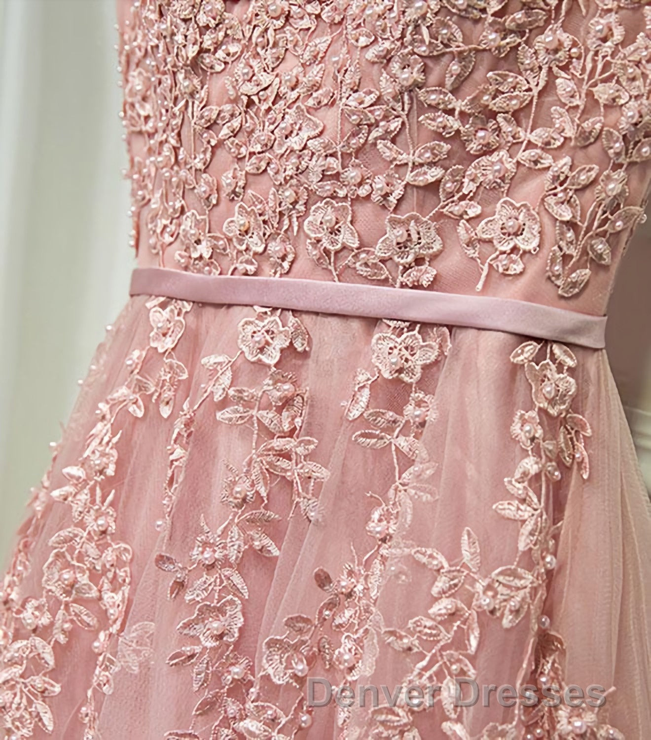 Pink Lace Tulle Long A Line Prom Dress, Pink Evening Dress, 1