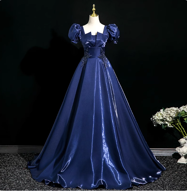 Palace Vintage Navy Blue Puffed Sleeve Embroidered Satin Long Prom Dress Evening Dress