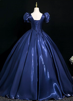 Palace Vintage Navy Blue Puffed Sleeve Embroidered Satin Long Prom Dress Evening Dress