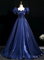 Palace Vintage Navy Blue Puffed Sleeve Embroidered Satin Long Prom Dress Evening Dress