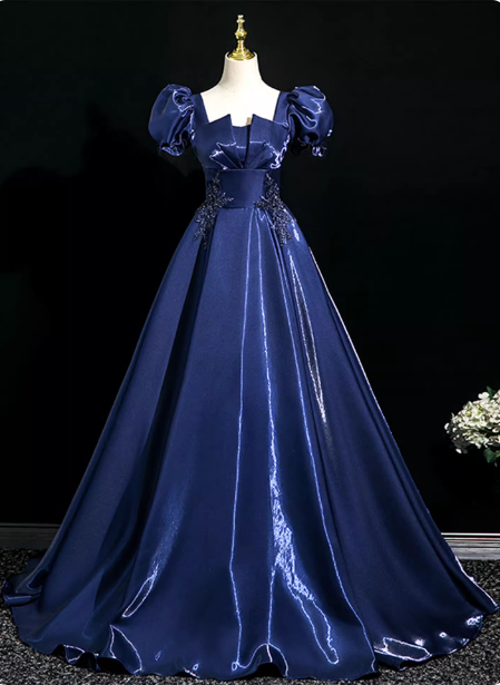 Palace Vintage Navy Blue Puffed Sleeve Embroidered Satin Long Prom Dress Evening Dress