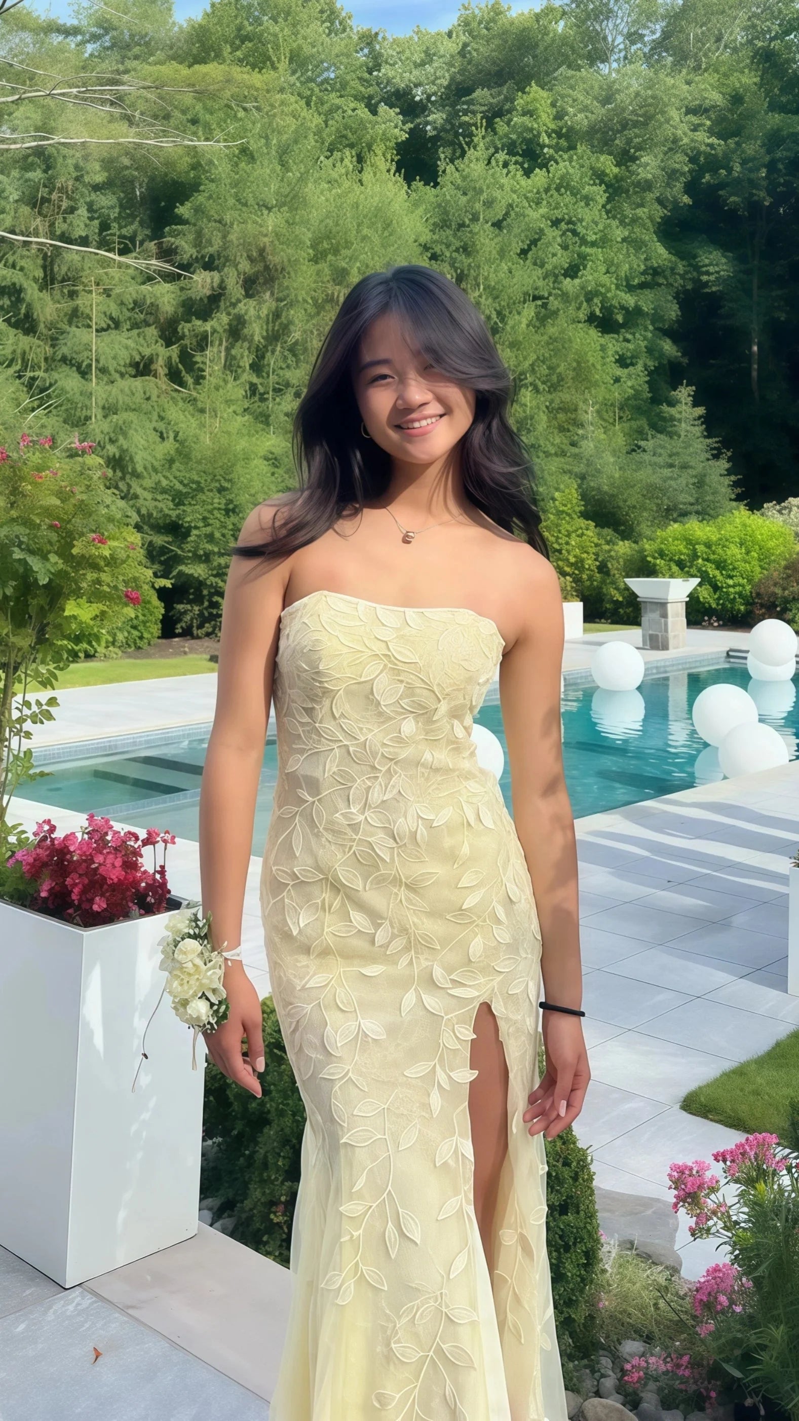 Pastel Yellow Lace Strapless Long Prom Dress With Side Slit Secondary image