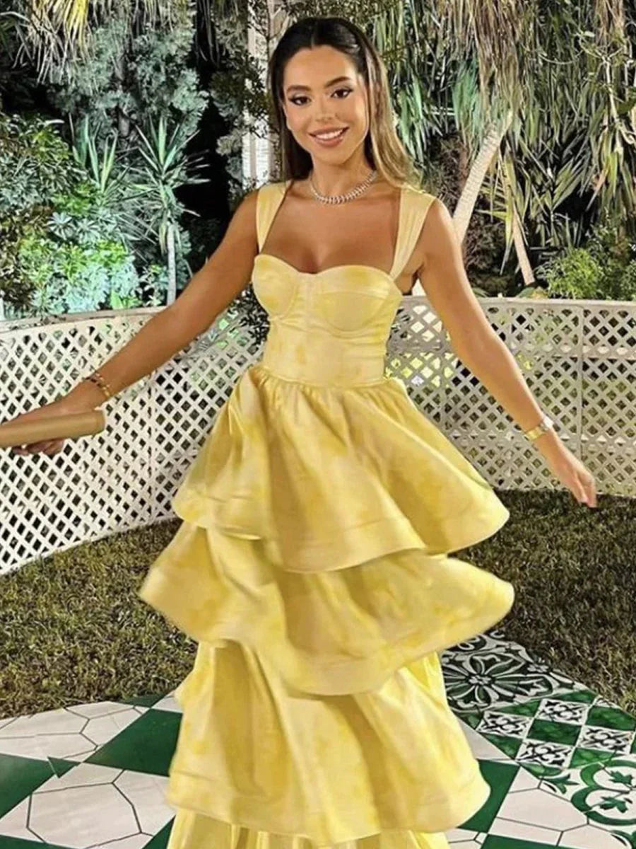 Pastel Yellow Ruffle Tiered A-Line Long Party Prom Dress Secondary image