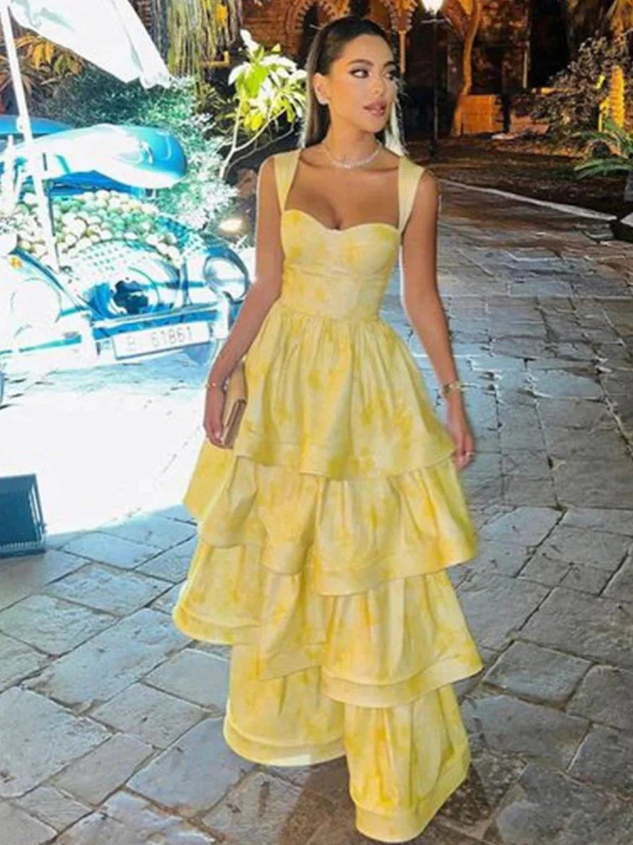 Pastel Yellow Ruffle Tiered A-Line Long Party Prom Dress Main image