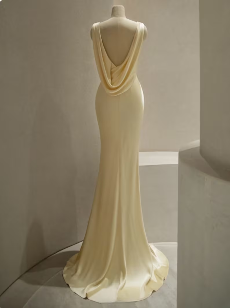 Pastel Yellow Satin Backless Mermaid Long Prom Dress Secondary image