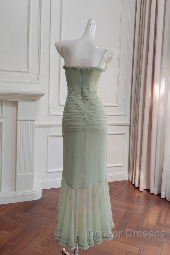 Pea Green Suspender Long Dress