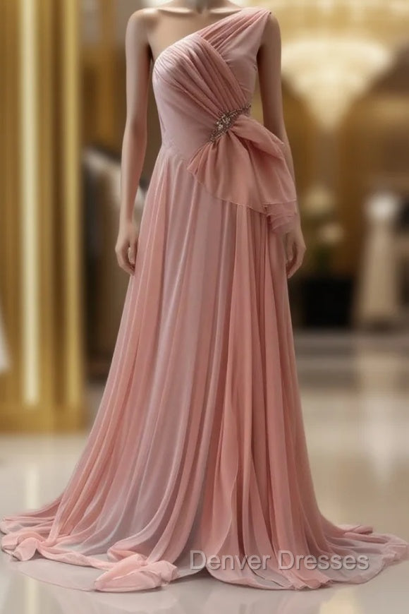 Peach A-Line One Shoulder Chiffon Long Prom Dress Simple Bridal Dress Main image
