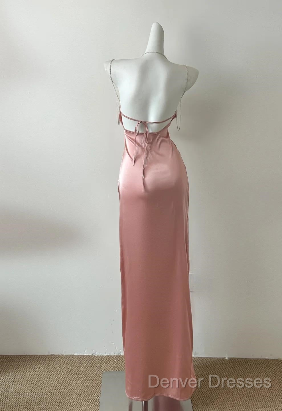 Peach Pink Diamond Spaghetti Strap Satin Bodycon Ball Dress