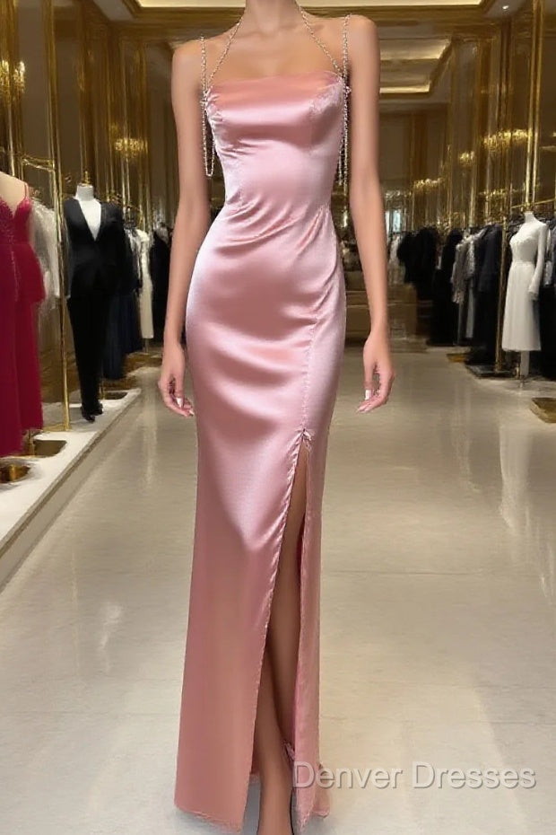 Peach Pink Diamond Spaghetti Strap Satin Bodycon Ball Dress Main image