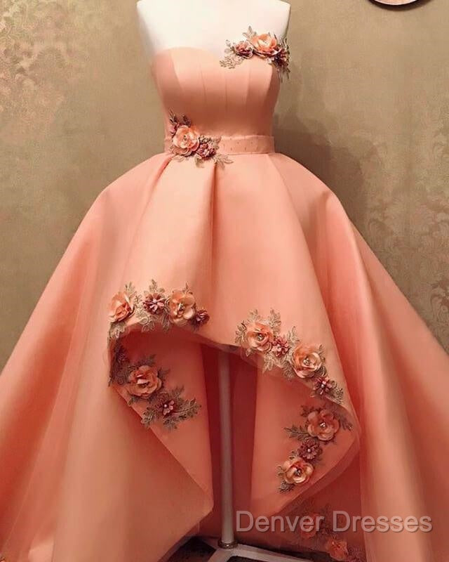 Peach Sweetheart High Low Dress With 3D Flowers