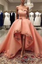 Peach Sweetheart High Low Dress With 3D Flowers