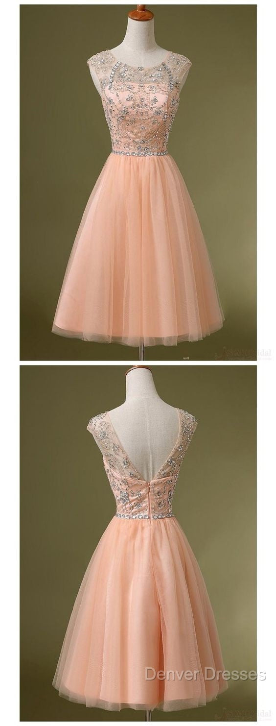 Peach Tulle Beaded Short Cute Homecoming Dress