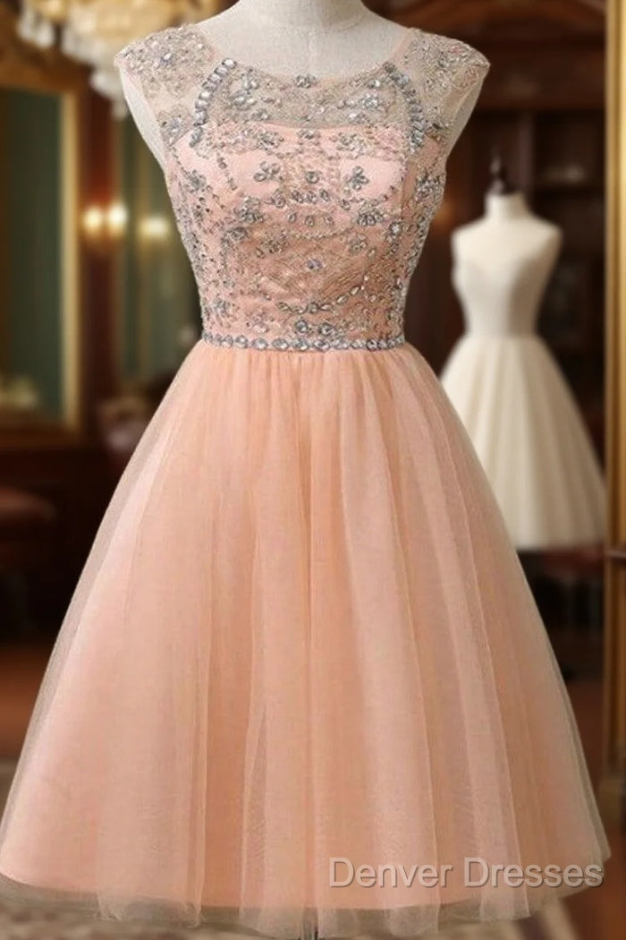 Peach Tulle Beaded Short Cute Homecoming Dress Main image