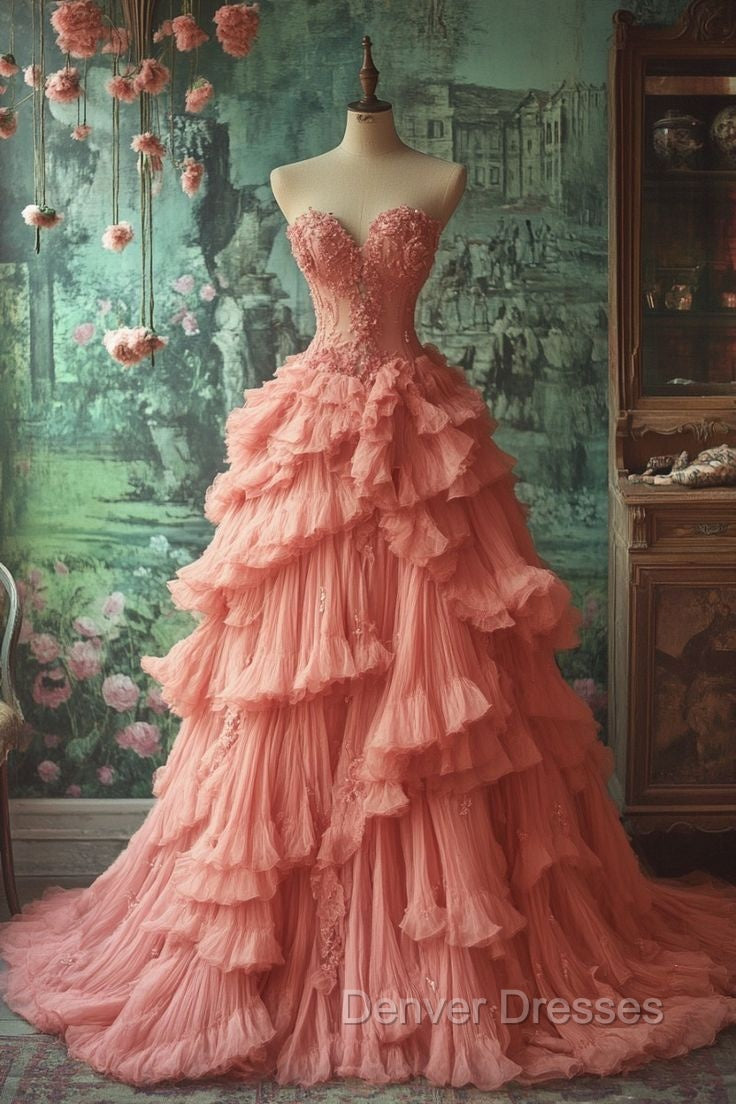 Peach Vintage A-Line Sweetheart Neck Long Ball Gown Sweet Beaded Applique Dress Secondary image