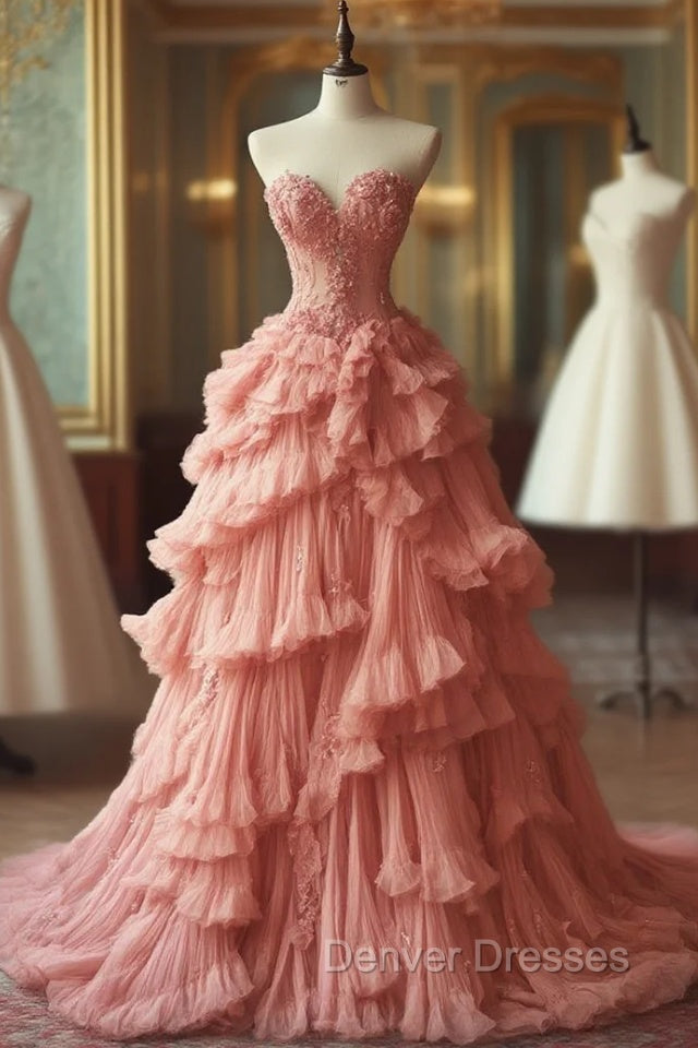 Peach Vintage A-Line Sweetheart Neck Long Ball Gown Sweet Beaded Applique Dress Main image