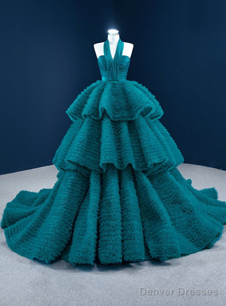 Peacock Blue Ball Gown Tulle Halter Tiers Prom Dress Main image