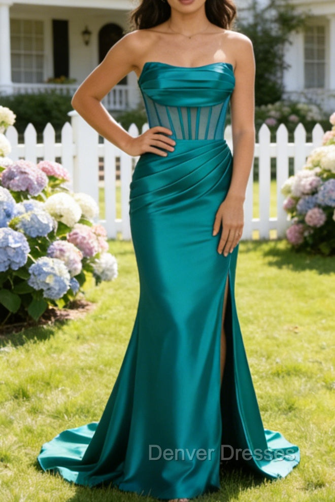 Peacock Mermaid Strapless Pleated Corset Long Prom Dress with Slit