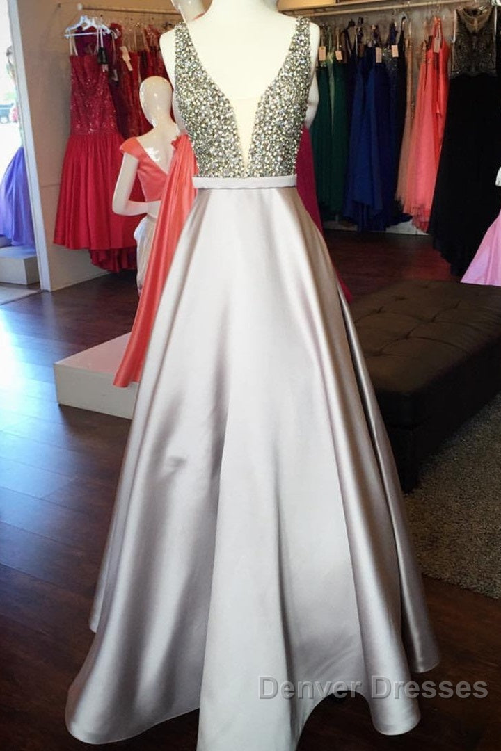 Pearl Beaded V Neck Long Silver Satin Prom Dress Floor Length
