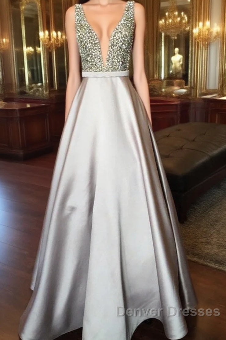 Pearl Beaded V Neck Long Silver Satin Prom Dress Floor Length Main image