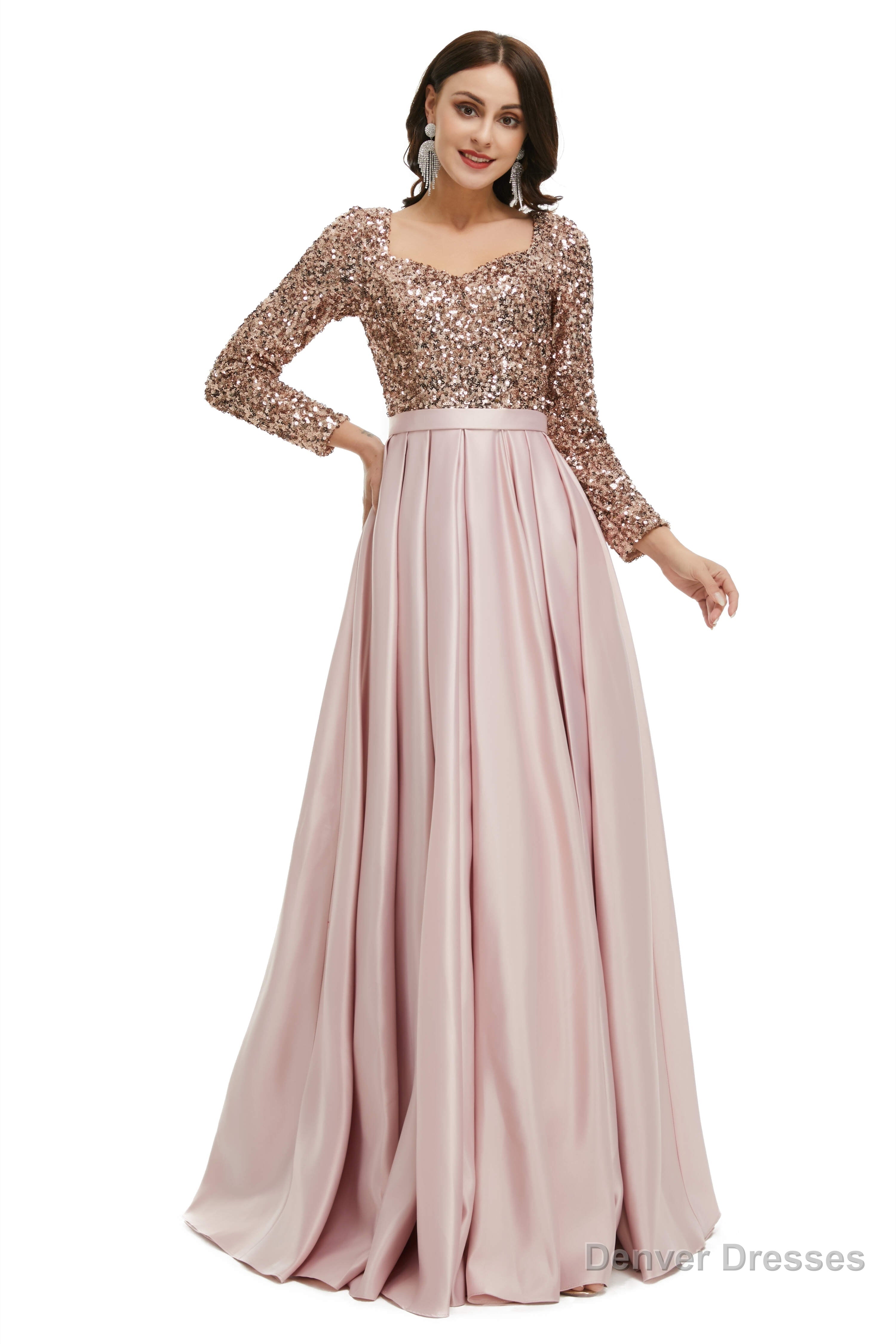 A-Line Sequins Sweet Neck Long Sleeve Prom Dresses